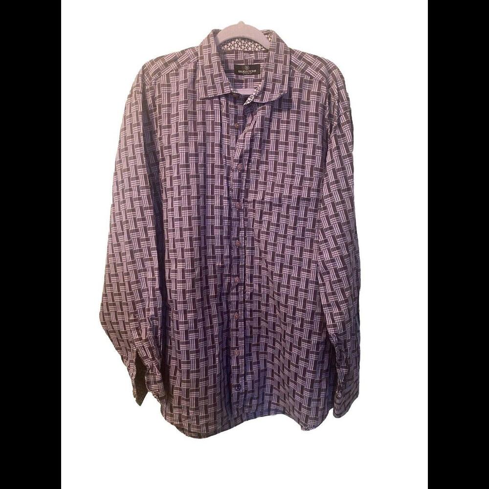 Bugatchi Long Sleeve Purple Square Checked Pattern Flip Cuff Classic See Descr